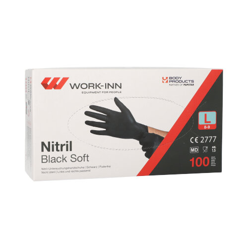 10 x 100 "WORK-INN/PS" Handschuhe, Nitril puderfrei "Black Soft" schwarz Größe: L