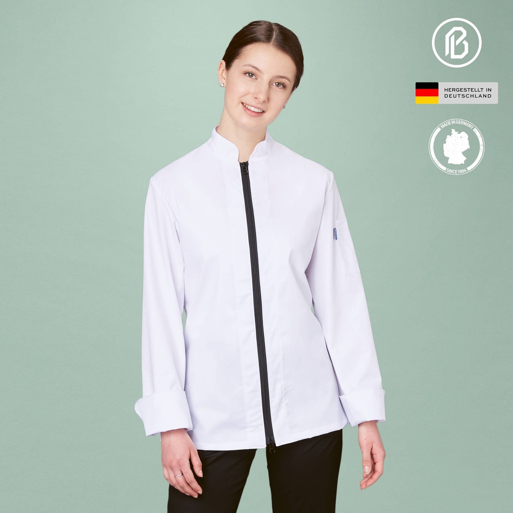 Satin-Rike, weiße Damen-Kochjacke