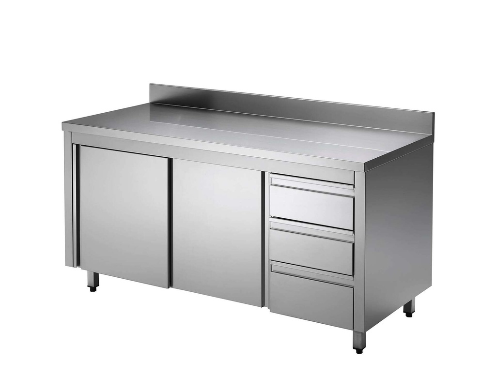 [ASS3SR-ECO20X7A] Edelstahl-Arbeitsschrank ECO mit Schiebetür und 3 Schubladen 20x7 mit Aufkantung